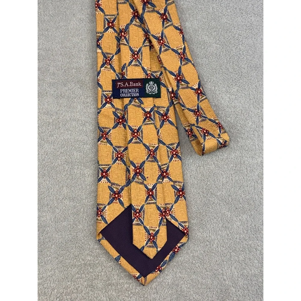 Jos A Bank Premier Collection Silk Tie Gold Navy Blue Geometric Lattice USA Made